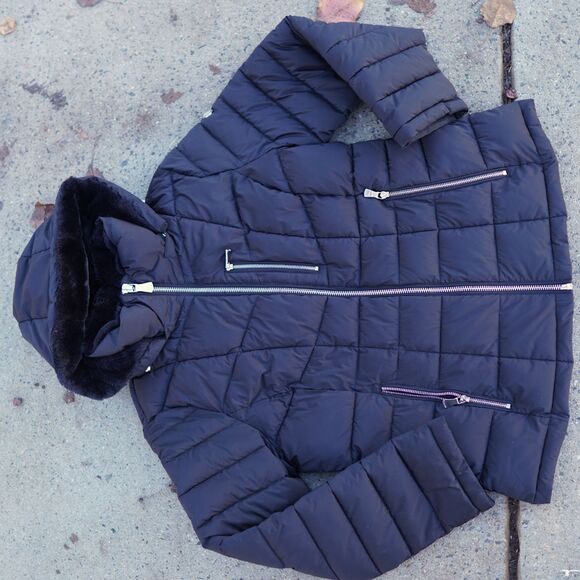 Calvin Klein Black Puffer Coat Women's L Faux Fur Hood Water Resistant - Picture 5 of 12